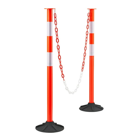 KFFKFF Set of 2 Traffic Delineator Posts, 34-inch Safety Cones with Weighted Base, Reflective Strips, and Chain, Durable Posts for Construction Areas, Parking Spaces, and Crowd Management, Red
