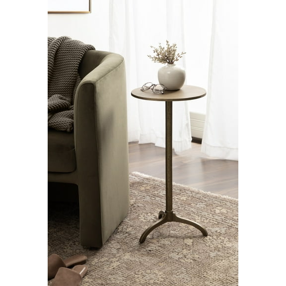 Kate and Laurel Henshall Mid-Century Metal Round Side Table, 12 x 12 x 24, Antique Brass, Sand Cast Aluminum Sculptural Indoor Plant Stand with Tripod Base for Use as End Table or Bedroom Nightstand