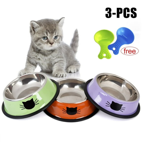 Byepica 3PCS Pet Bowl Stainless Steel Non-skid Base Dog Bowl Cat Bowl with 2 Food Scoop
