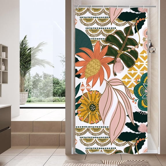 Floral Small Stall Shower Curtain 36 x 72, Boho Flower Narrow Half Size Chic Shower Curtains for Modern Bathroom Decor, Tropical Leaves Vintage Shower Curtain 36 inch