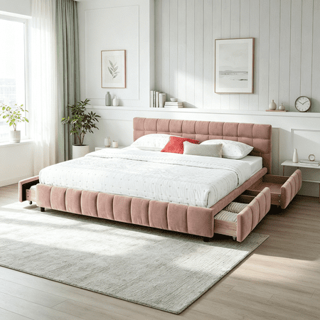 Pink California King Upholstered Platform Bed Frame with Storage Drawers Soft Chenille Fabric Headboard Modern Bedroom Furniture