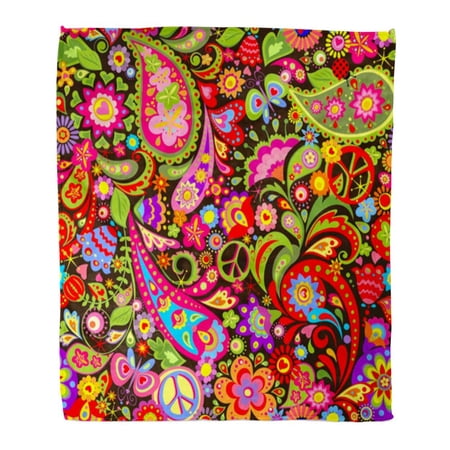 SIDONKU Throw Blanket Warm Cozy Print Flannel Pattern Hippie Vivid Colorful Flowers Peace Symbol and Paisley Woodstock Comfortable Soft for Bed Sofa and Couch 50x60 Inches