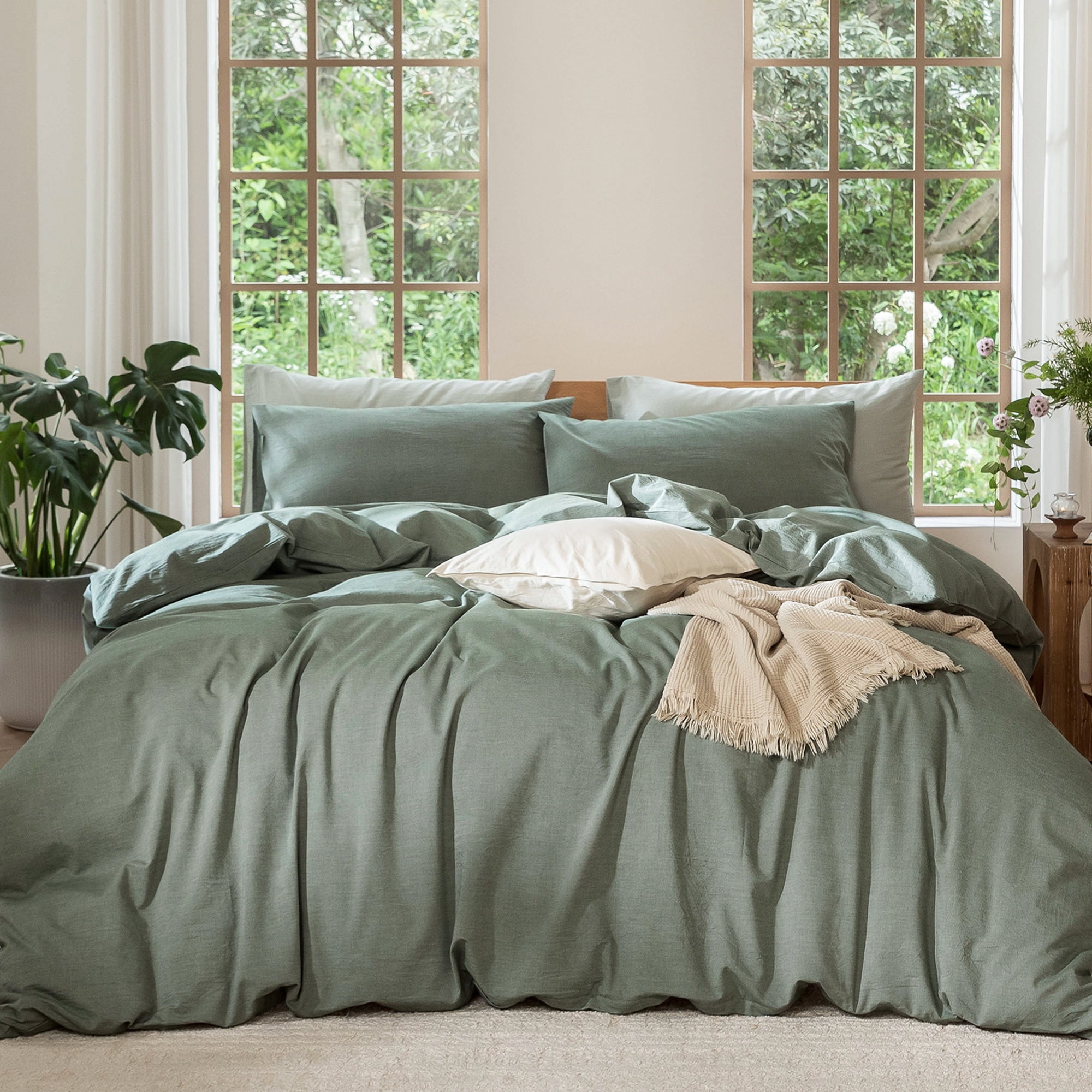 MooMee 100% Washed Cotton Duvet Cover Set King Linen Like Textured Breathable 3-Piece (Heathered Green, 104" x 90")