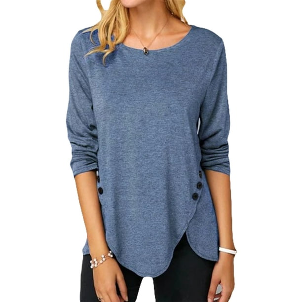 Oucaili Camiseta informal de manga larga con botones y dobladillo irregular para mujer, camiseta holgada con cuello redondo, camiseta para primavera, verano, Otoño e Invierno
