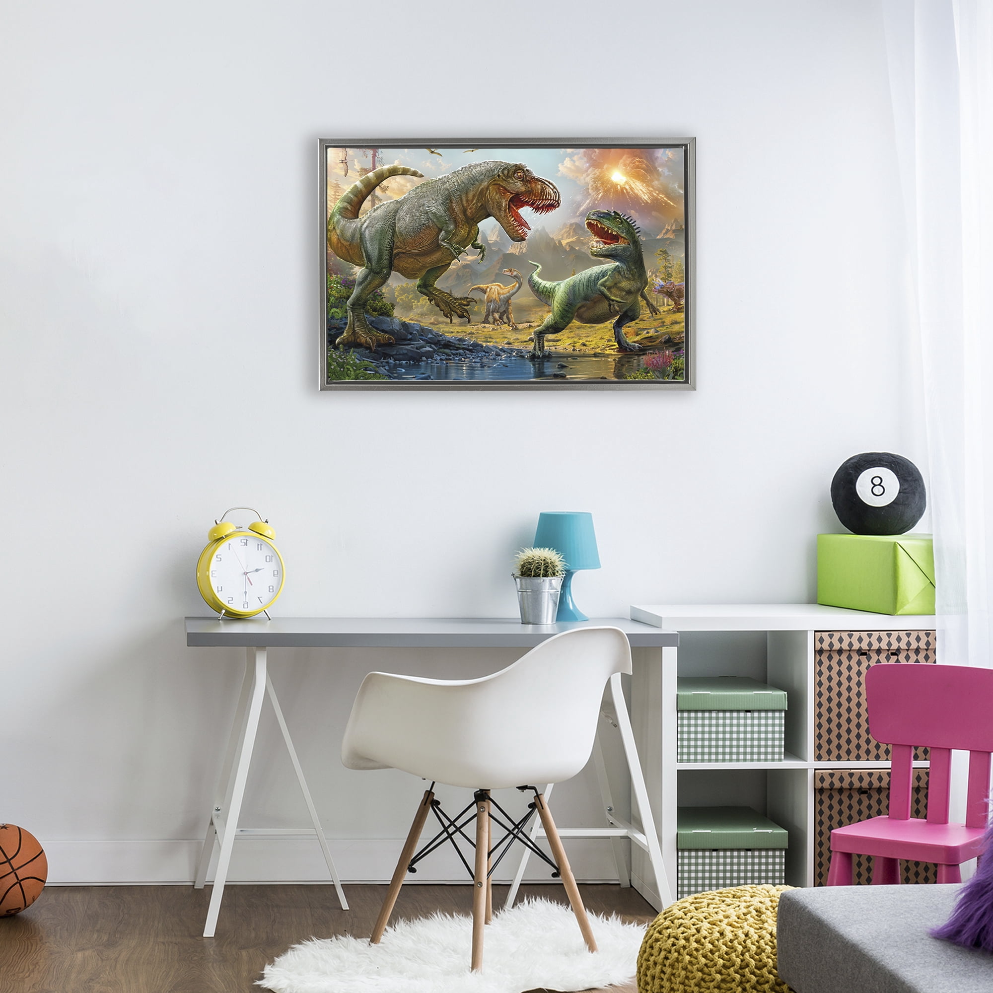 Stupell Industries T-Rex Encounter at Riverbank Gray Framed Floater Canvas Wall Art, design by Henriette Chinaglia