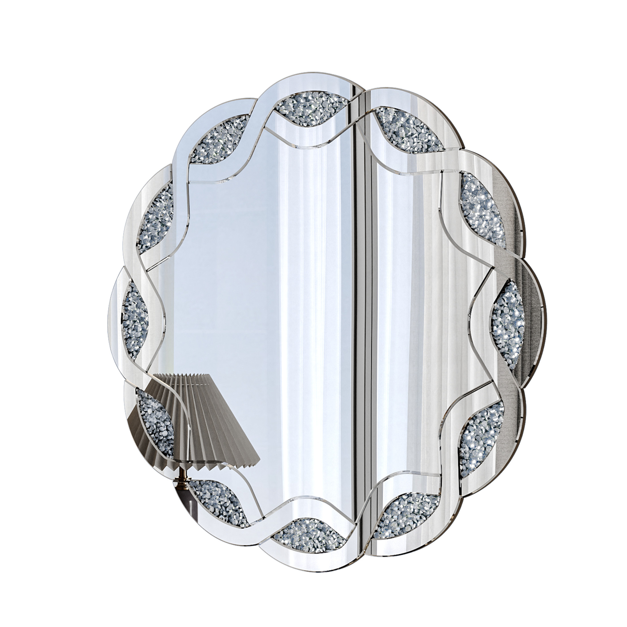 Noble House Crush Diamond Round Wall Mirror, Wave Frame Decorative Mirror Heavy Duty Frame with 2 Hangers, Silver