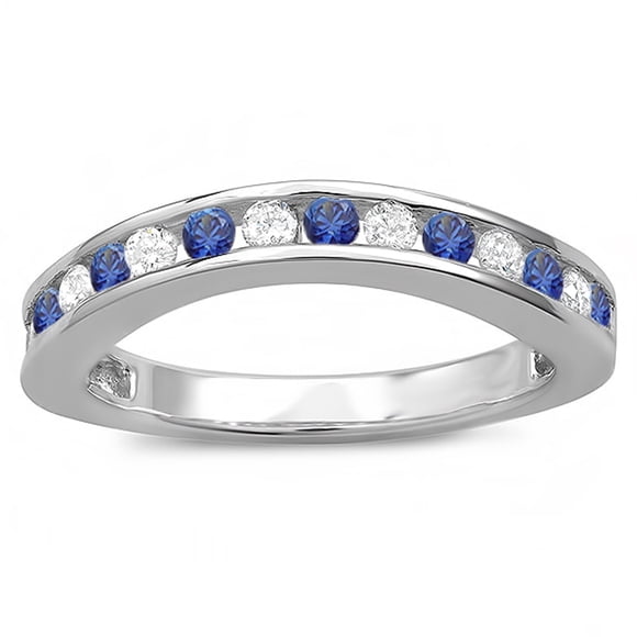 Dazzlingrock Collection 10K Round White Diamond & Blue Sapphire Ladies Curved Guard Matching Wedding Band, White Gold, Size 7.5