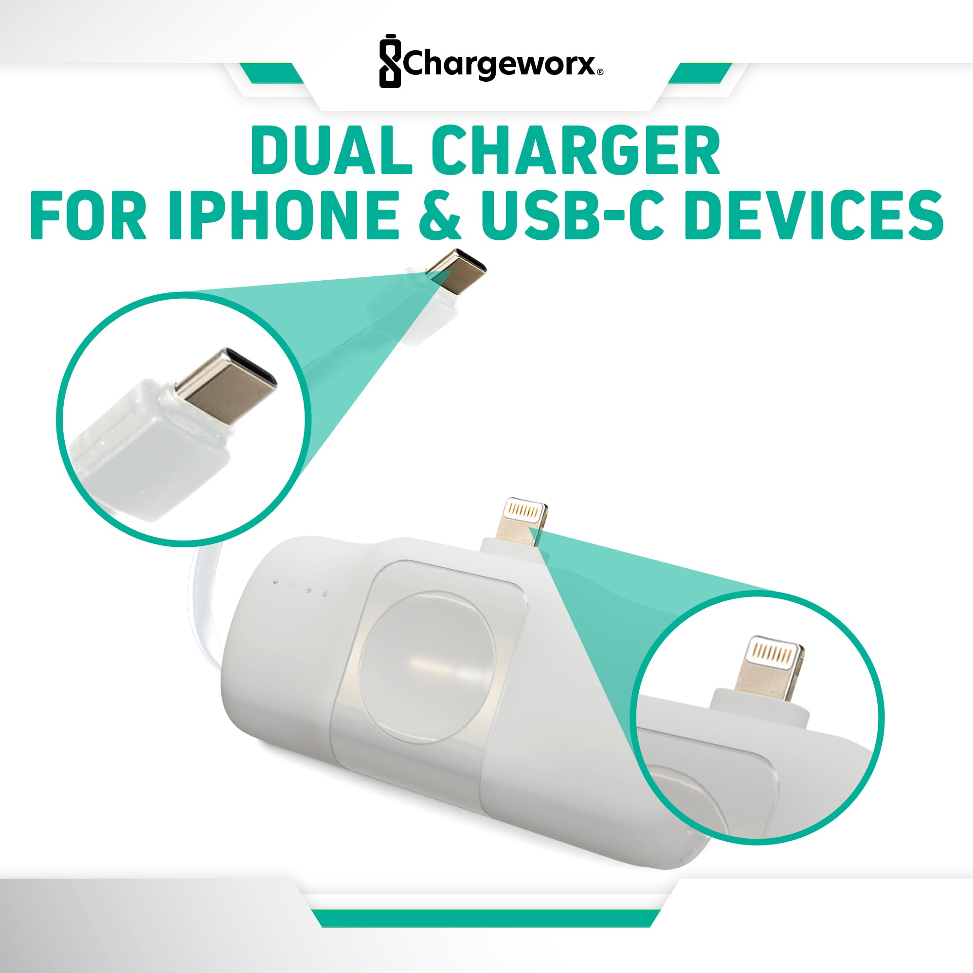 CHARGEWORX 3 in 1 Portable Charger Power Bank for iPhone, USB-C Devices, Smart Watch, 5000mAh Battery, Ultra Compact, Fast Charging Travel Charger, LED Battery Indicator (white)