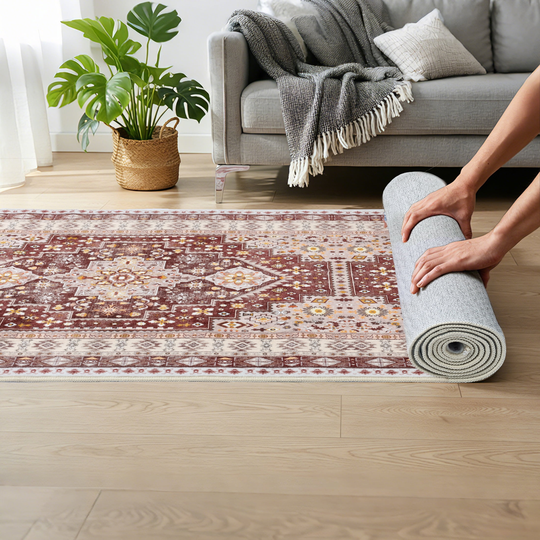 ARJINCUTE Vintage Distressed Bohemian Brown Runner Rugs, 2' x 8' Non-Slip Washable Low Pile Fold-able Floor Mat for Hallway, Kitchen, Entryway, Laundry Room