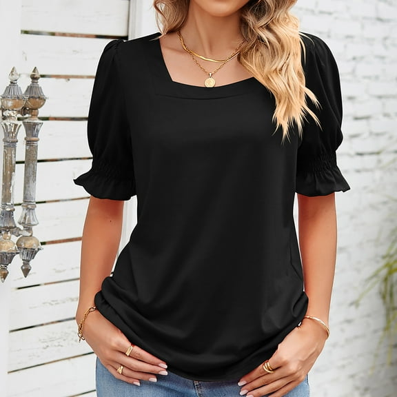 AXXD Black Basic Sweatshirts for Women Loose Fit Summer 2024 Loose Casual Solid Color SquareNeck Short Sleeve Tops Blouses T-shirt