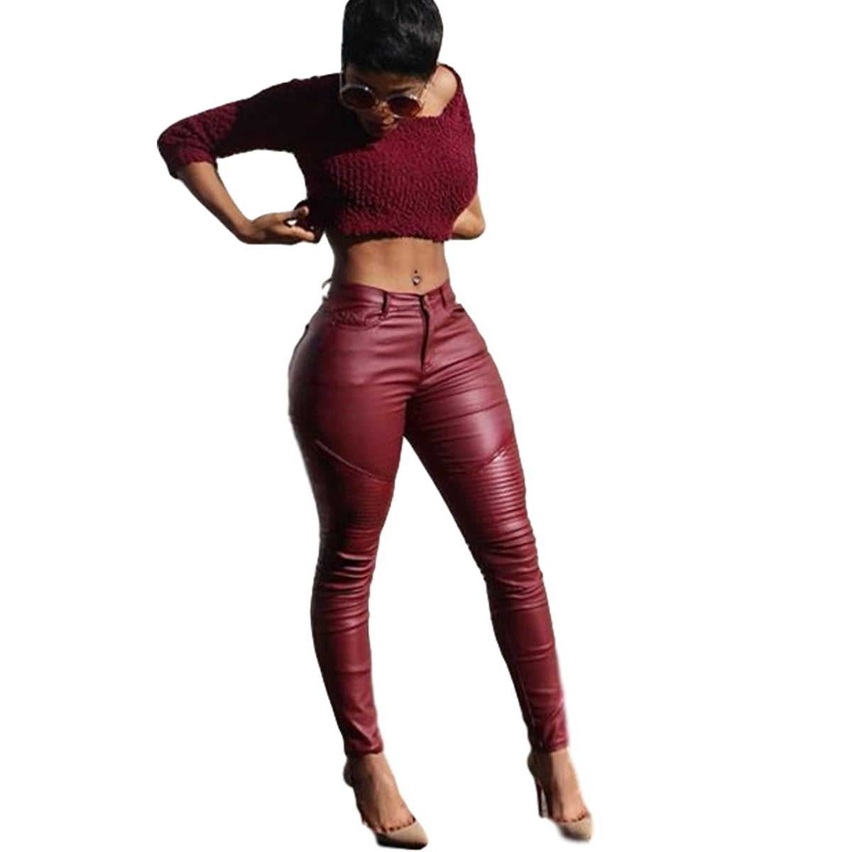red faux leather pants