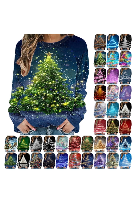 Women's Xmas Tree Sweatshirt Novelty Graphic Christmas Sweatshirts Loose Round Neck Long Sleeve Holiday Pullover Top Ladies Gifts Shirt Yellow L