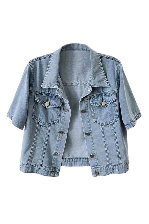 Women's Denim Shirt Jacket Short Sleeve Lapel Cropped Jean Coat With Front Pockets Summmer Commuting Cardigan