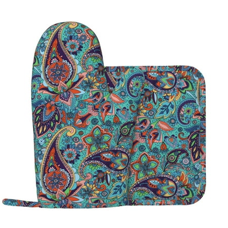 

Paisley Pattern No.9045 Oven Mitts and Pot Holders Sets with 1 Non-Slip Left Silicone Oven Mitts and 1 Heatproof Insulated Hot Pads for Kitchen Use in Cooking Baking Grilling