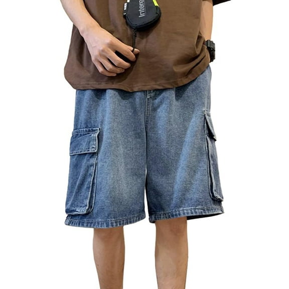 EMMIOL Men's Y2K Denim Shorts Mid Elastic Waist Baggy Jean Shorts Loose Fit Jorts Retro Hip Hop Shorts