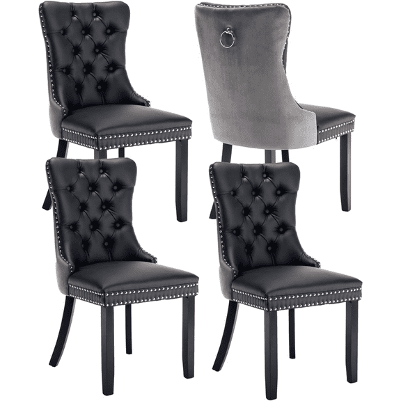 LegaHome Dining Room Chairs Set of 4, Modern Upholstered Velvet and PU Leather Dining Chair with Nailhead Trim and Solid Wood Legs, Tufted Button Padded Chairs Set for Kitchen Dining Room, Gray&Black