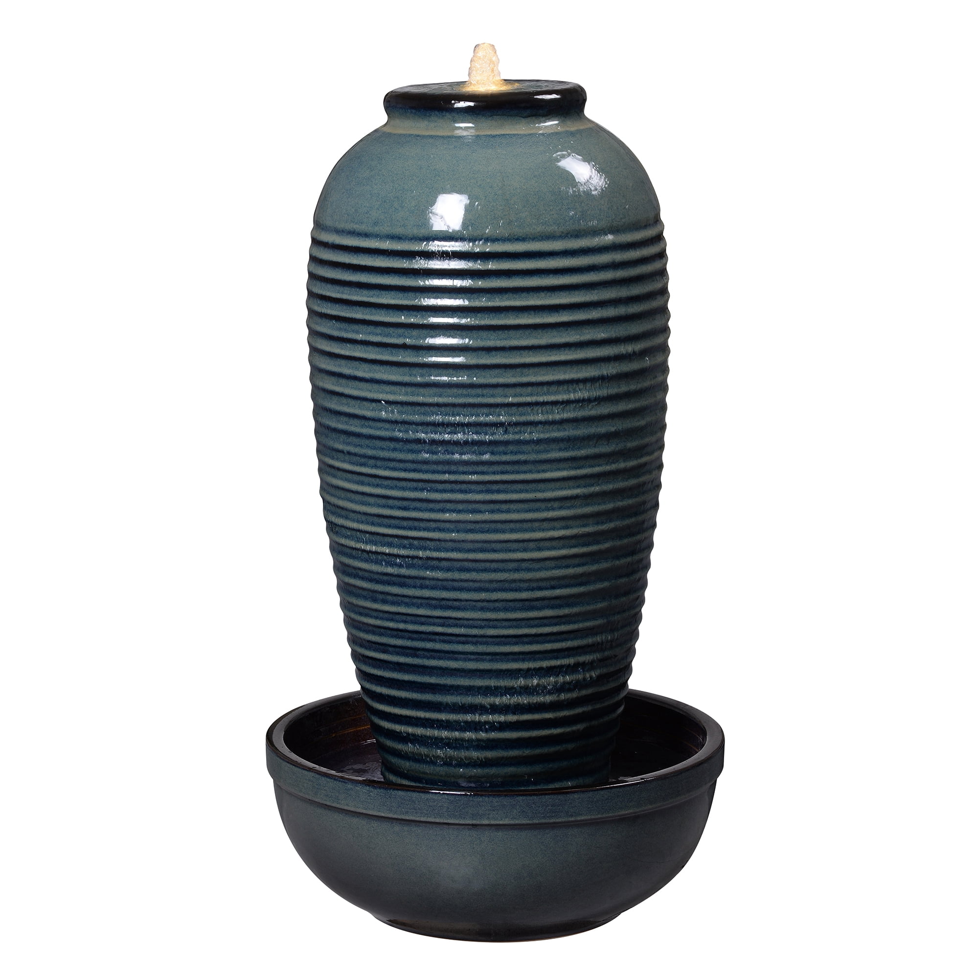 Blue Ceramic Ribbed Vase Fountain, Decorative Water Fountain with LED Lights and Quiet Pump, Indoor Outdoor Water Feature for Patio, Garden, Deck, Balcony, Office and Home Décor