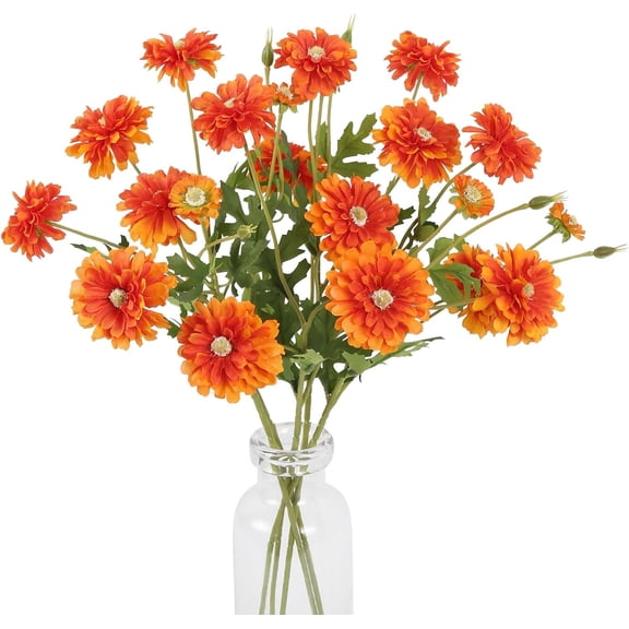 Orange Zinnias Artificial Flowers 5PCS Silk Flowers with Stems 21" Fake Zinnias for Wedding Centerpieces Faux Flowers for Home Decor Indoor Outdoors (Orange)