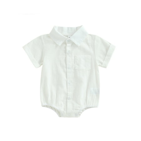 

Diconna Infant Baby Boy Cotton Linen Dress Shirt Onesie Rolled Short Sleeve Button Up Bodysuit with Pocket Top White 12-18 Months
