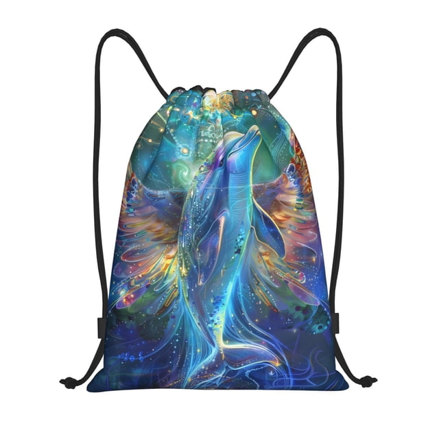Saiise Colorful Winged Dolphin Pattern Sports Drawstring Backpack - String Swim Gym Bag with Wet Proof Pocket for Women&Men-Small