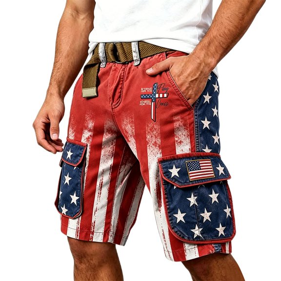 CAIVO Men's Independence Day Cargo Shorts Plus Size American Flag Print Casual Comfortable Knee Length Male Trendy Patriotic Graphic Everyday Bottoms With Pockets