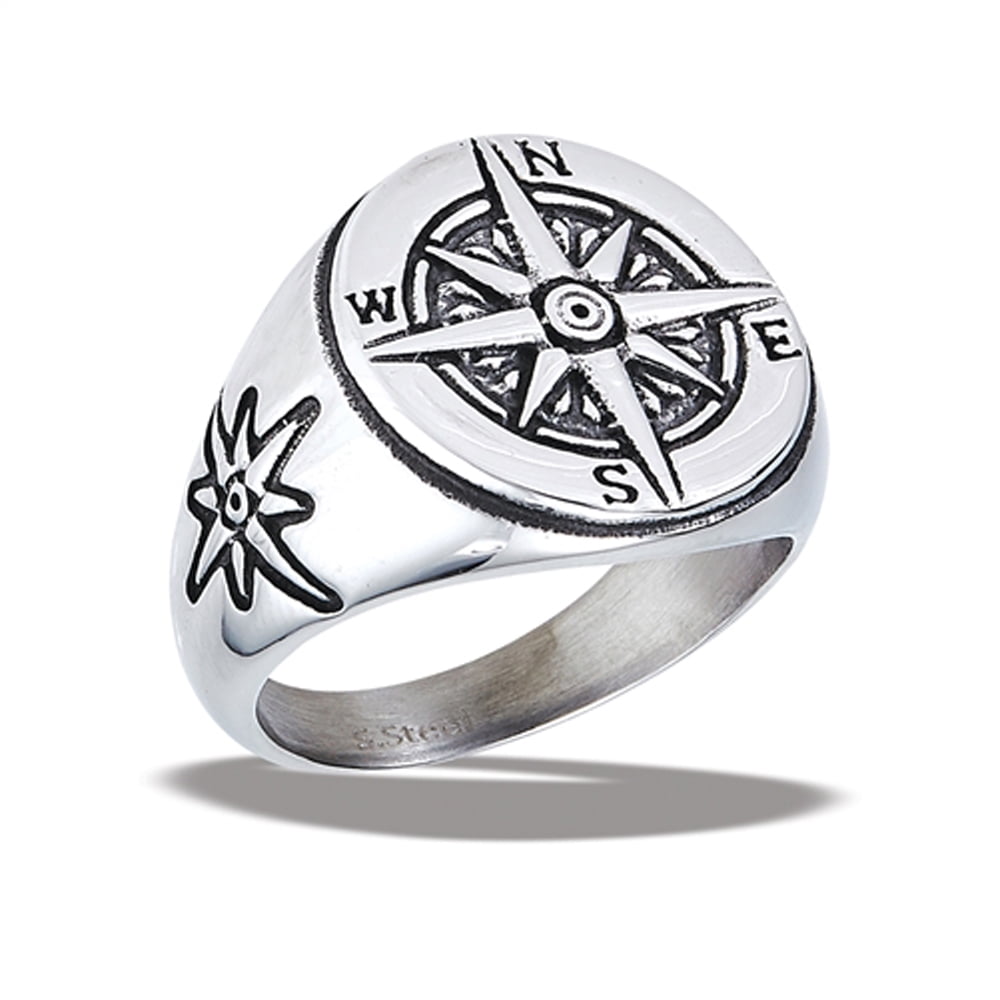 High Polished Traveler's Compass Ring Stainless Steel Band Gray Jewelry