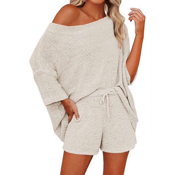 Women 2 Piece Outfits Sweater Sets Solid Off Shoulder Knit Suit Pullover & Shorts