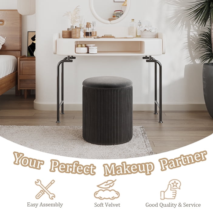 Waleaf Round Ottoman Foot Stool with Storage Set of 2, Upholstered Velvet Vanity Stool for Living Room & Bedroom, Black