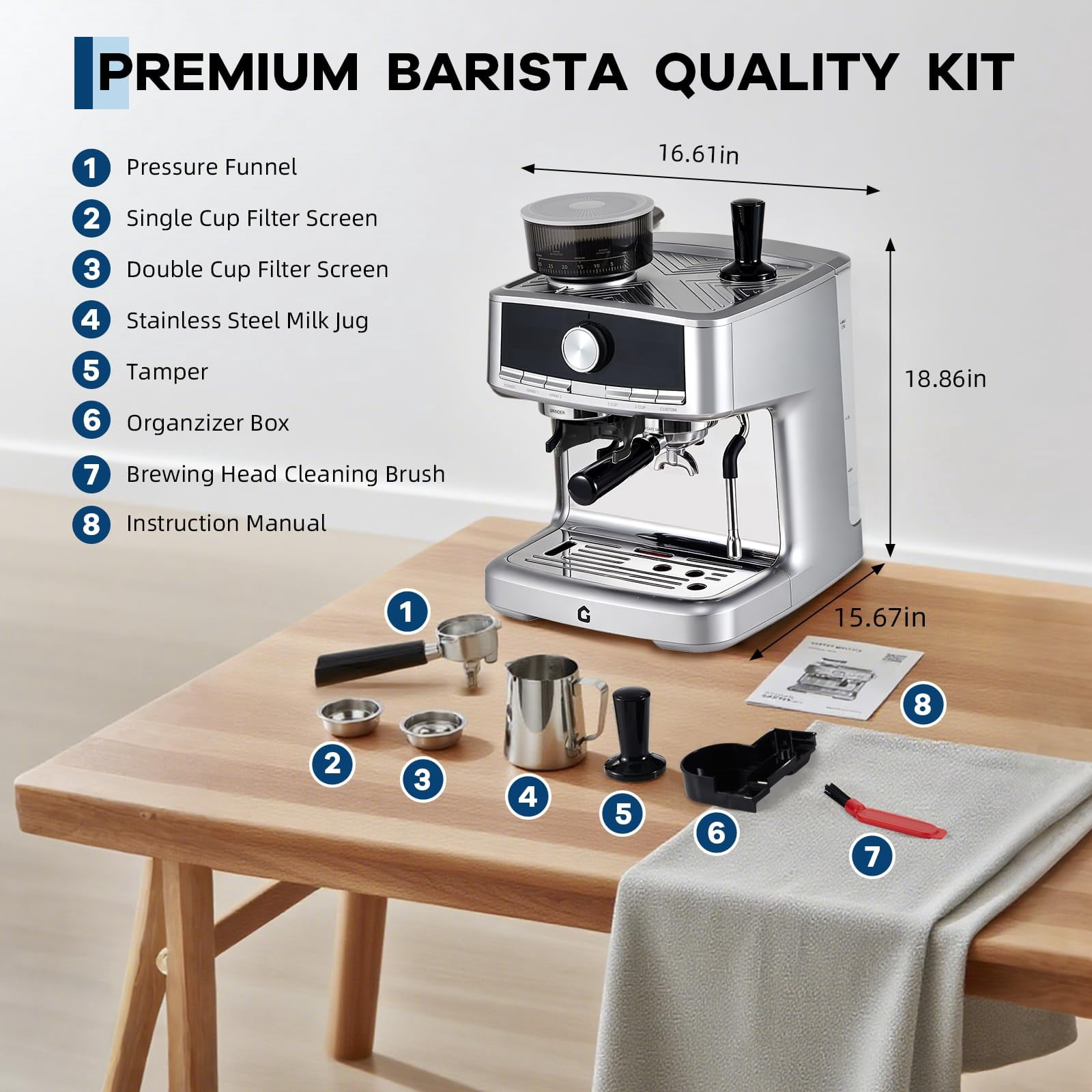 Danolapsi 20 Bar Espresso Machine with Built-in Grinder, Stainless Steel Coffee Maker with Milk Frother Steam Wand, 1.5L Removable Water Tank, Adjustable Shot Volume for Home & Office