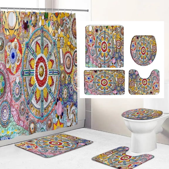 Colorful Bohemian Mosaic Tile Printed Shower Curtain European Retro style Bathroom Curtains Home Decor Non-Slip Rug Bath Mat Set