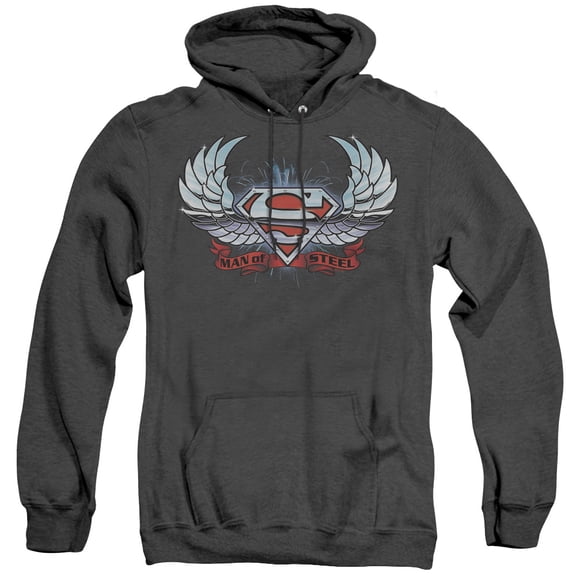 Superman Chrome Wings Shield Adult Heather Hoodie Sweatshirt Black