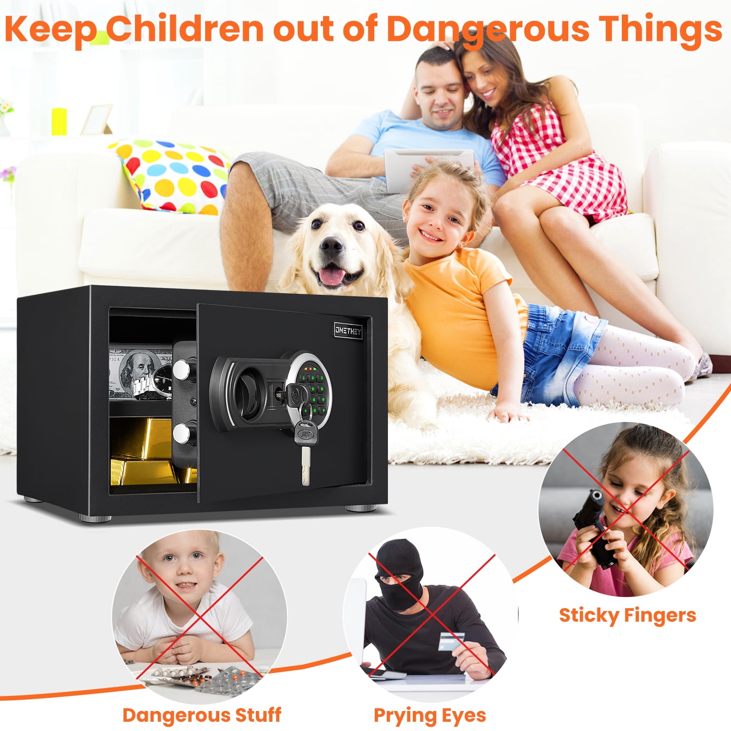 Omethey 0.5 Cub Small Safe Box, Money Safe with Backlit Digital Keypad and Mute Function, Home Safe with LED Light, Security Safe for Home, Office and Hotel