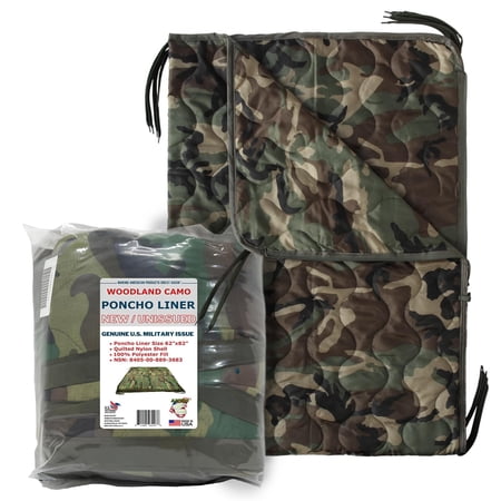 AMMO CAN MAN Woobie Poncho Liner – Quilted Nylon Tactical Blanket w/ 8 Pairs of Tie Cords – Woodland Camouflage Insulated Poncho Blanket for Men & Women – 82 x 62 x 0.1