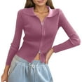 thumbnail image 1 of Women's Double Zip Ribbed Knit Cardigan Tight Fitting Crop Top With Collar, 1 of 4