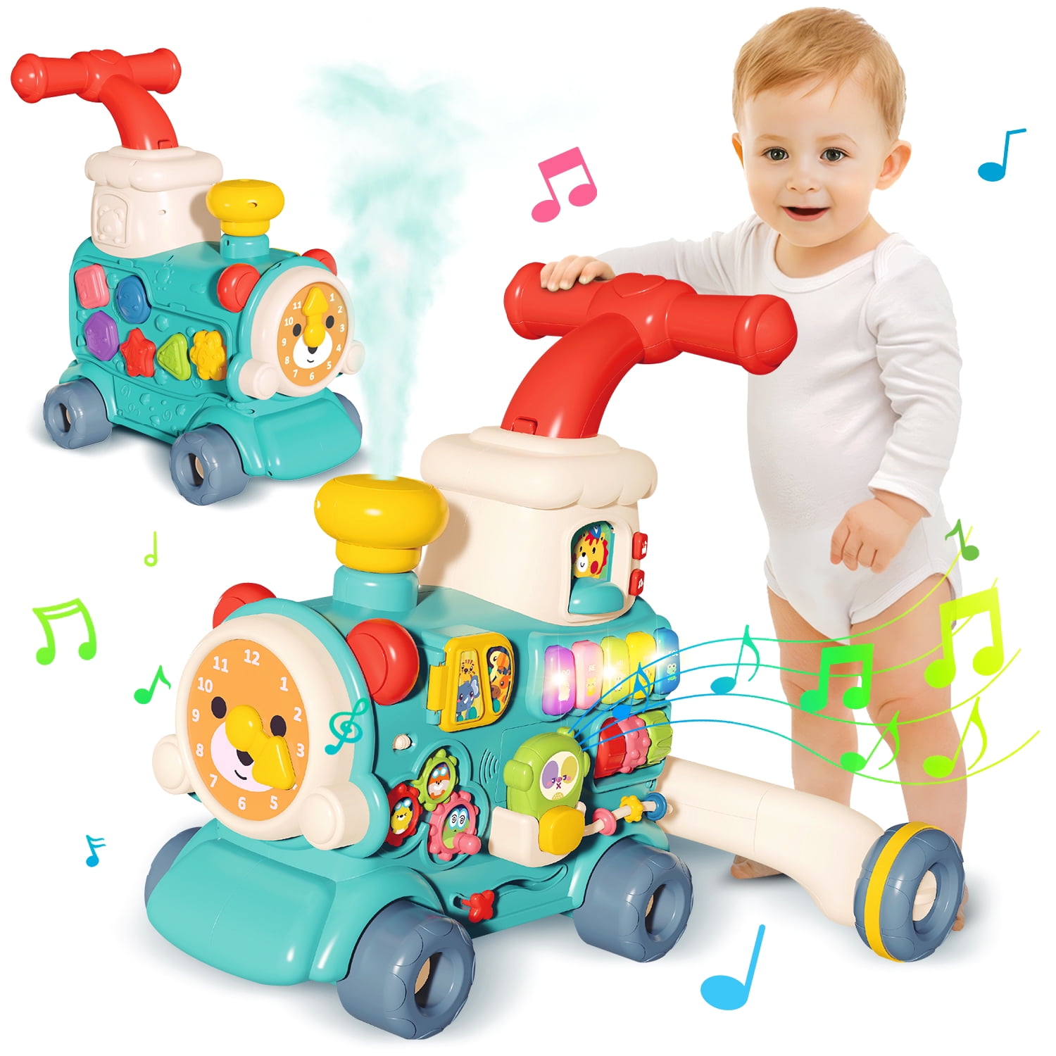 Hot Bee 3 in 1 Baby Push Walker, Sit to Stand Baby Walker Steam Train, Montessori Learning Activity Center, Early Learning Toy Gift for Toddler Infant 12 Months+, Blue