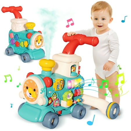 Hot Bee 3 in 1 Baby Push Walker, Sit to Stand Baby Walker Steam Train, Montessori Learning Activity Center, Early Learning Toy Gift for Toddler Infant 12 Months+, Blue