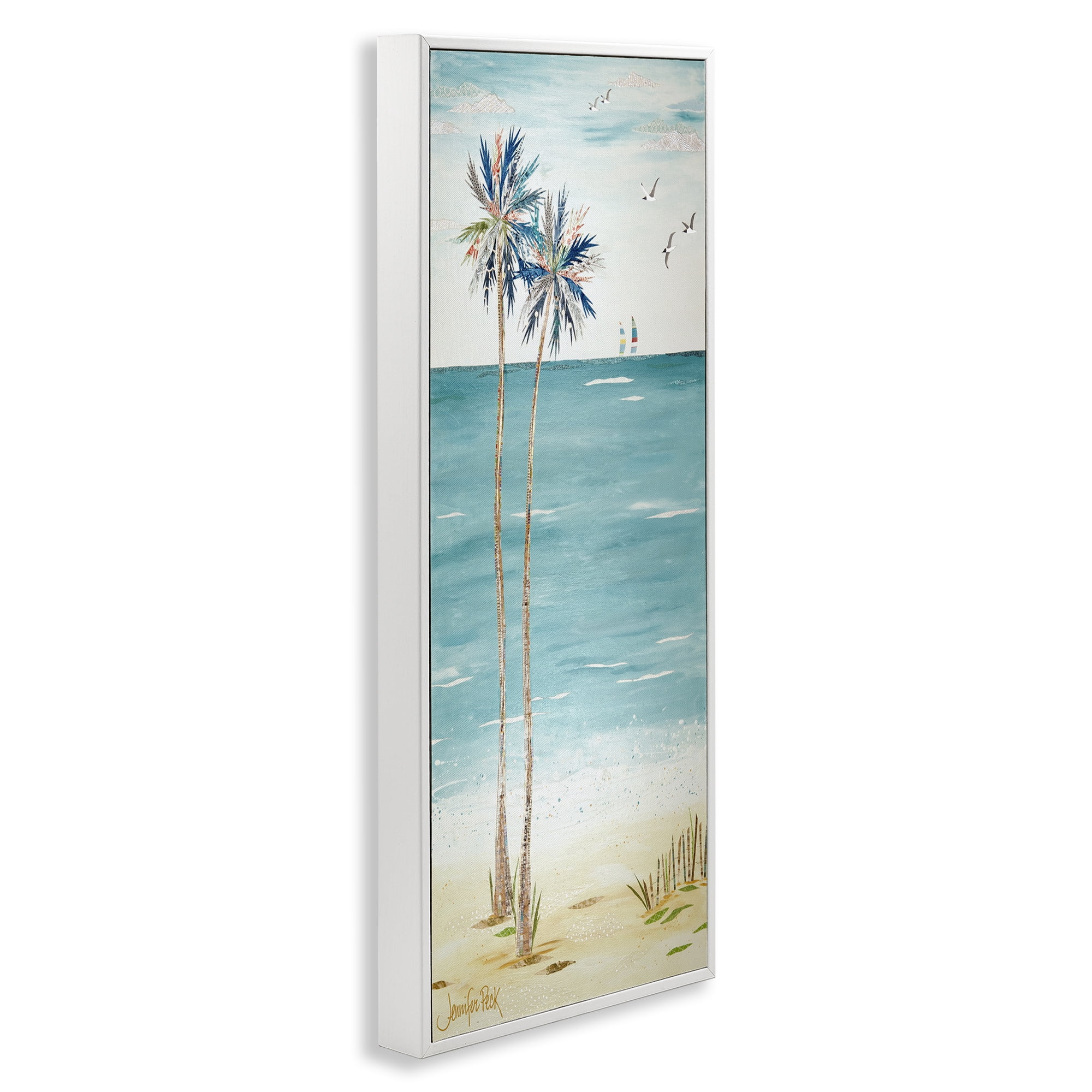Stupell Industries Palms & Distant Boats Landscape Painting White Framed Art Print Wall Art, 10 x 24