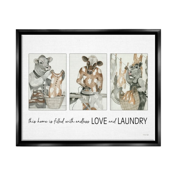 Stupell Industries Love & Laundry Cows Animals & Insects Painting Black Floater Framed Art Print Wall Art, 21 x 17