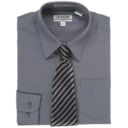 Dealer Button Set - Dark Grey Button Up Dress Shirt Grey Striped Tie Set Boys 5-18