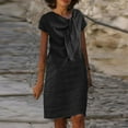 thumbnail image 1 of Robe d'Été pour Femmes 2024 Mode Grande Taille Nouvelle Élégance Col Rond à Nouer Manches Courtes Couleur Unie Coton Lin Robe 50 % de Réduction!, 1 of 6