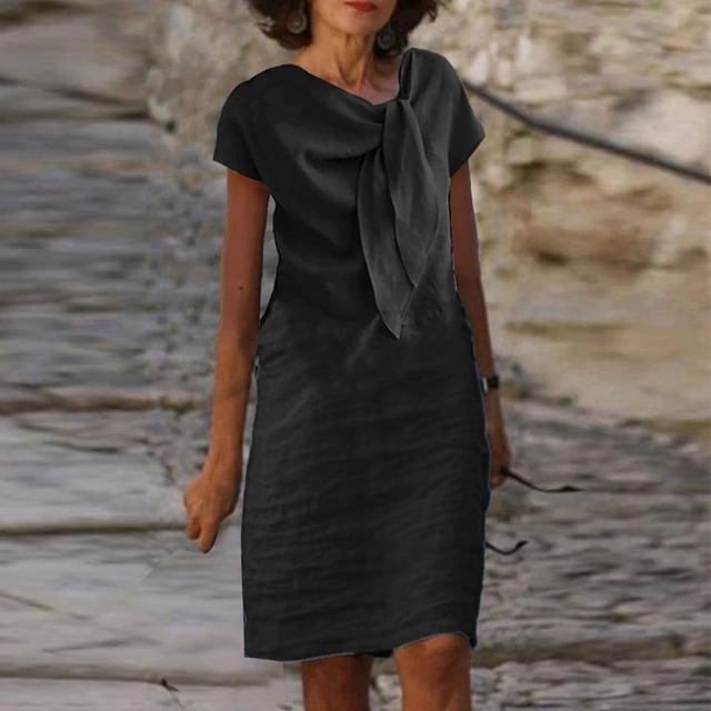 Robe d'Été pour Femmes 2024 Mode Grande Taille Nouvelle Élégance Col Rond à Nouer Manches Courtes Couleur Unie Coton Lin Robe 50 % de Réduction!