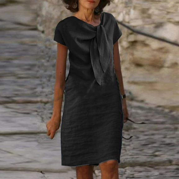 Summer Savings Clearance! Pitauce Dresses for Women 2024 Elegant Cotton Linen Midi Dress Crew Neck Solid Color Bow Tie Plus Size Sundresses Casual Loose Fit Vintage Beach Dress