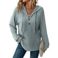 thumbnail image 6 of Womens Rib Knitted Hoodies Trendy V-Neck Hooded Sweatshirts with Button Casual Solid Long Sleeve Pullover Top Loose Tunic Drawstring Sweater Fall Outfits, 6 of 6