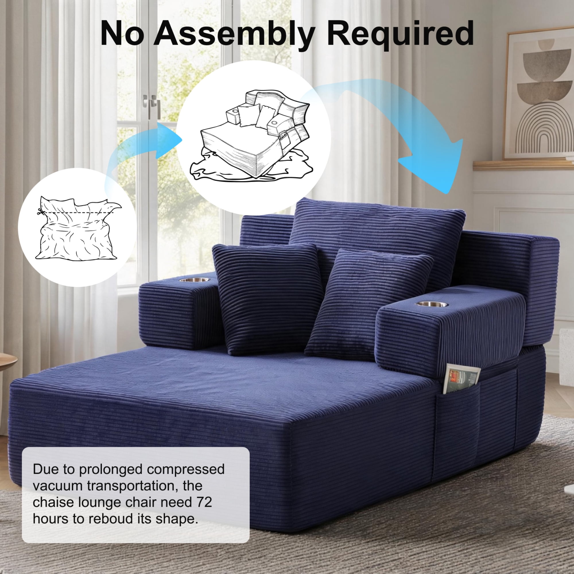 Leumius 70.8'' Oversized Chaise Lounge Chair Indoor,Plush Corduroy Upholstered Cloud Sofa Bed for Living Room,No Assembly Required,Blue