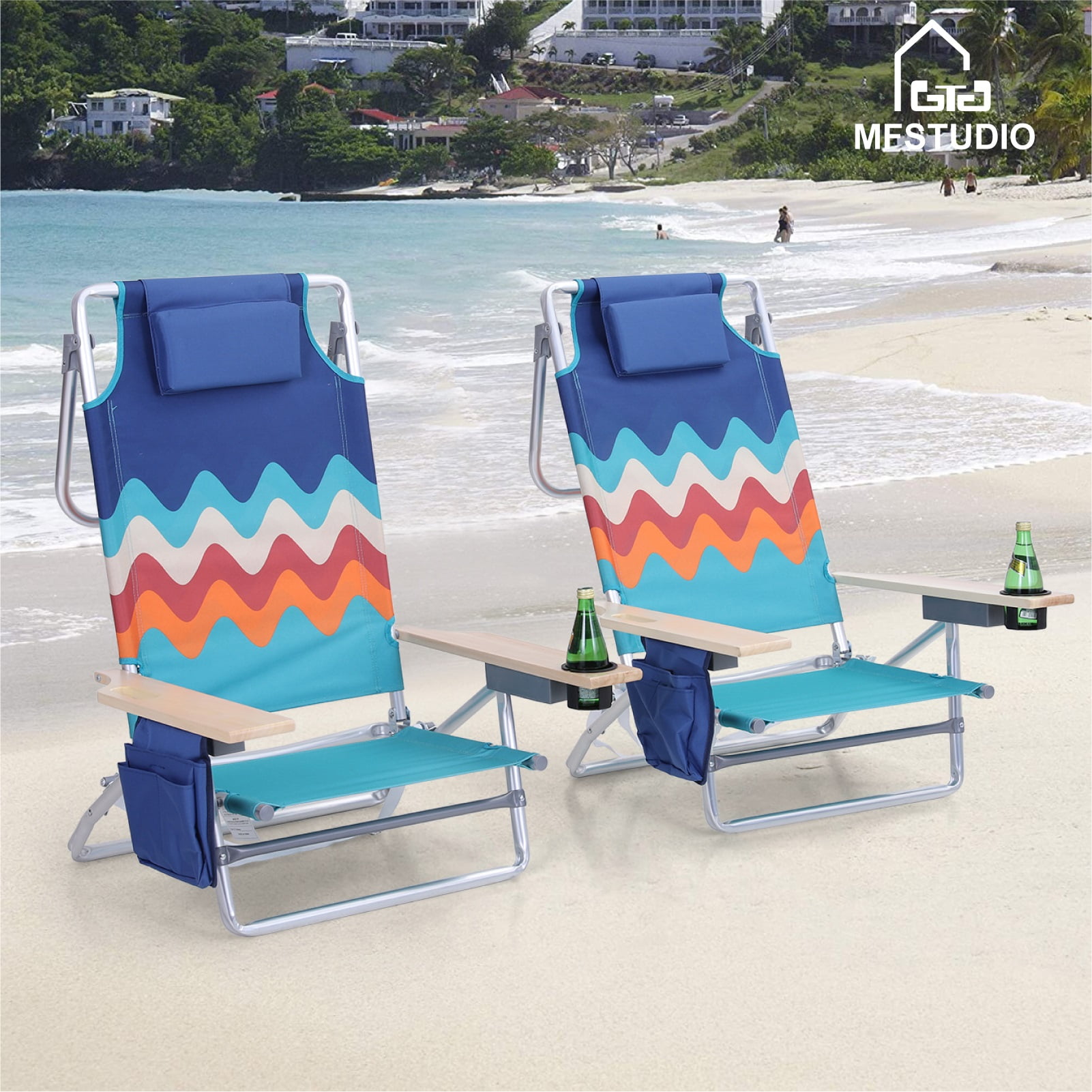 MF Studio Oversized Camping Folding Beach Chair with Cup Holder, Quad