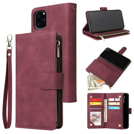 iPhone 11 Wallet Case, Dteck Soft Leather Zipper Wallet Case Magnetic Buckle Horizontal Flip Cover with 5 Card Slots/Photo Pocks For Apple iPhone 11 6.1 inch 2019, Winered