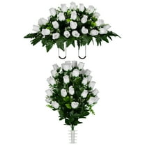 Sympathy Silks Artificial Cemetery Flowers White Rose Buds Bouquet & Saddle