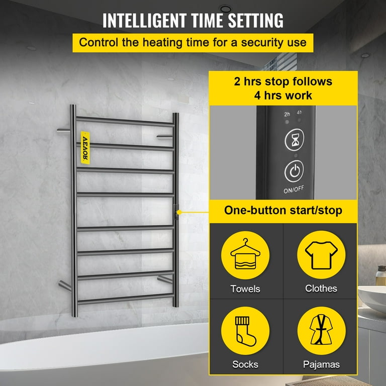VEVORbrand 8 Bar Heated Towel Rack Electric Towel Heater Warmer w Timer Wall Mounted Plug in Bath Towel Warmer Matte Black Stainless Steel Walmart