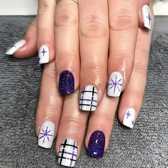 Yoyauz 24 PCS Christmas Fake Nails Shining Purple Snowflake Grid Design Short Fake Nails, Christmas Color Matching Nails for Winter DIY Nail Decoration