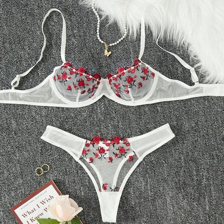 uublik Women Lingerie Sets Valentine s Day Spaghetti Strap 2 Piece Goth Wireless Bras and Panties Set White XL